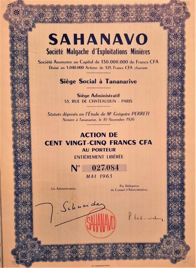 Sahanavo - Société Malgache d'exploitation minières (1926), Timbres & Monnaies, Actions & Titres, Enlèvement ou Envoi, 1920 à 1950