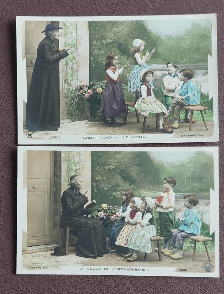 4 oude fantasiekaarten.  Pastoor met kinderen, Verzamelen, Ophalen of Verzenden, Kinderen