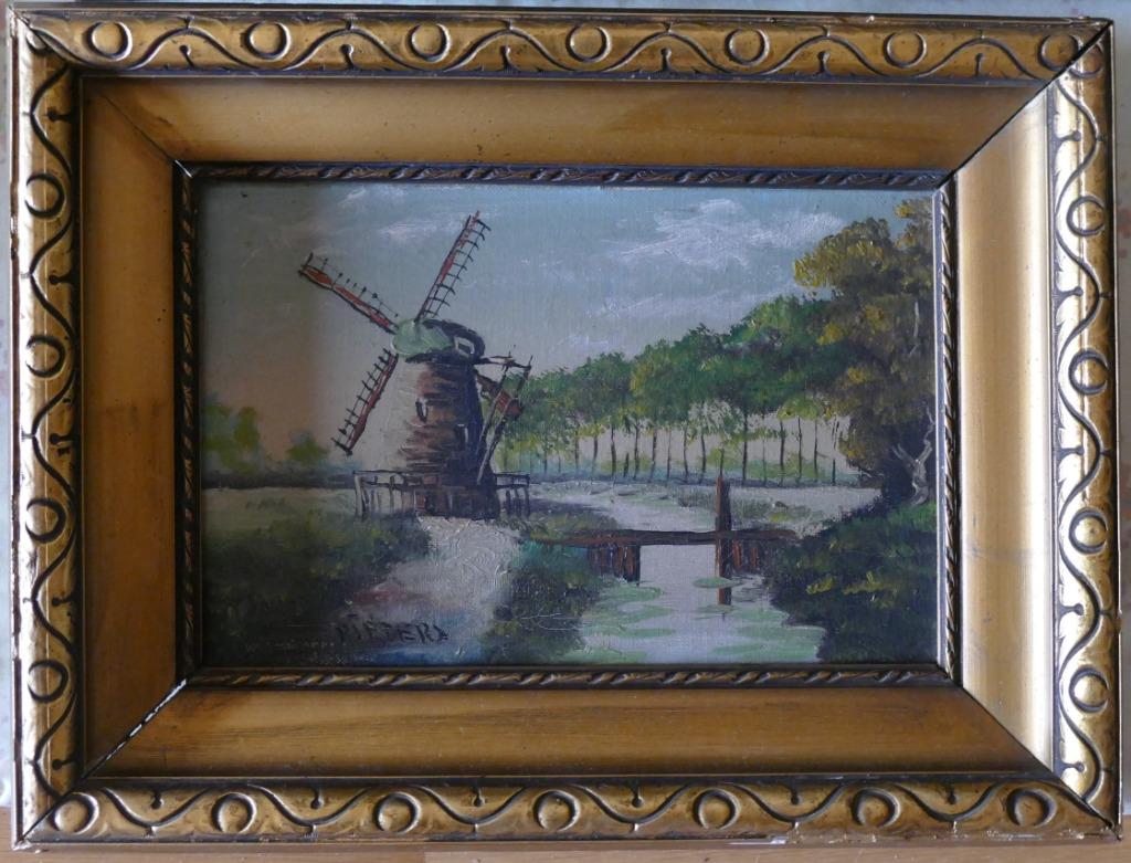 Olieverf op doek pieters molen vergulde kader gesigneerd, Antiek en Kunst, Ophalen of Verzenden