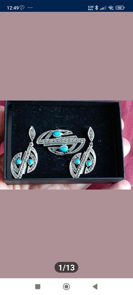 Superbe set en argent massif avec turquoise et marcassite, Neuf, Enlèvement ou Envoi, Avec pierre précieuse, Bleu