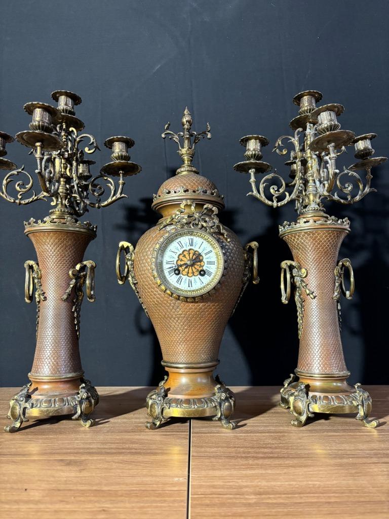 (90) Antieke Franse bronzen vaaspendule + kandelaars ca.1880, Enlèvement ou Envoi