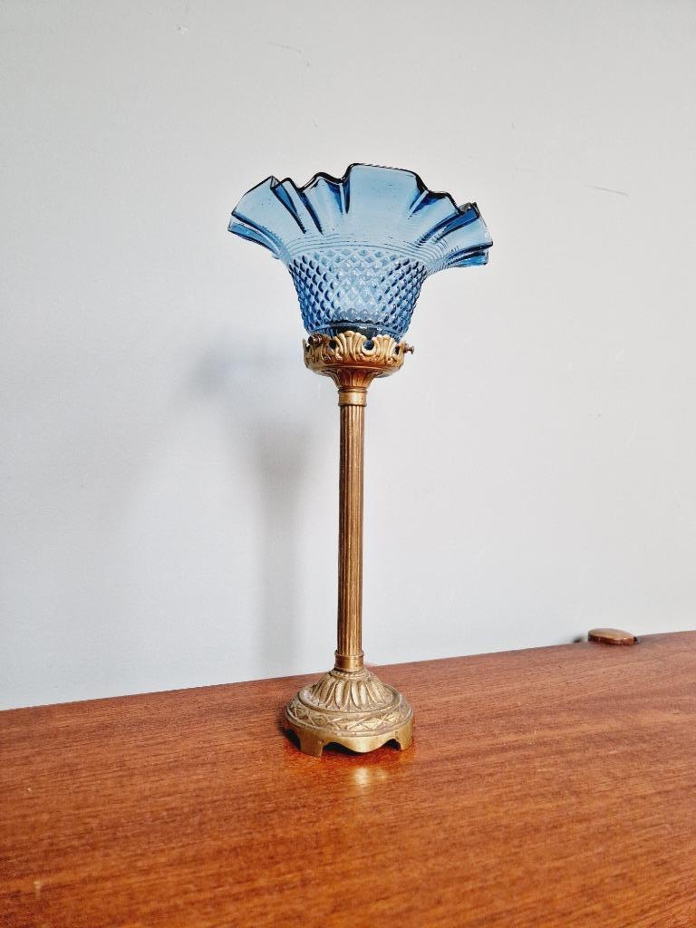Lampe de table en bronze doré et verre transparent bleu, Enlèvement ou Envoi, Bronze