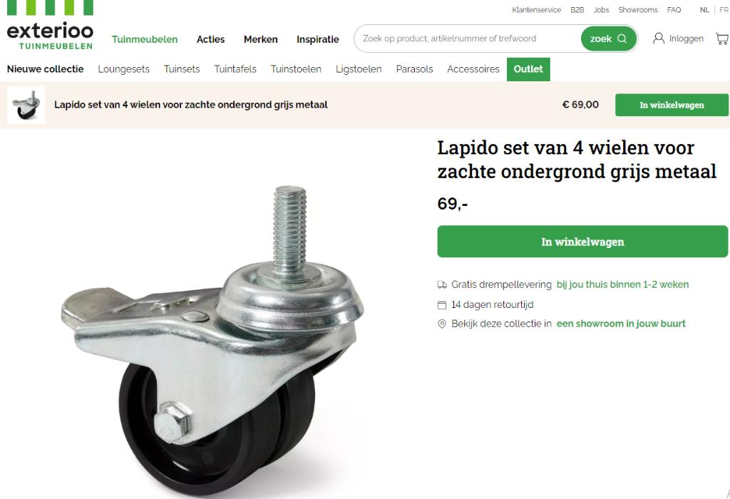 4 nieuwe wielen met stop voor parasolvoet Lapido exterioo, Ophalen of Verzenden, Nieuw, Parasolvoet