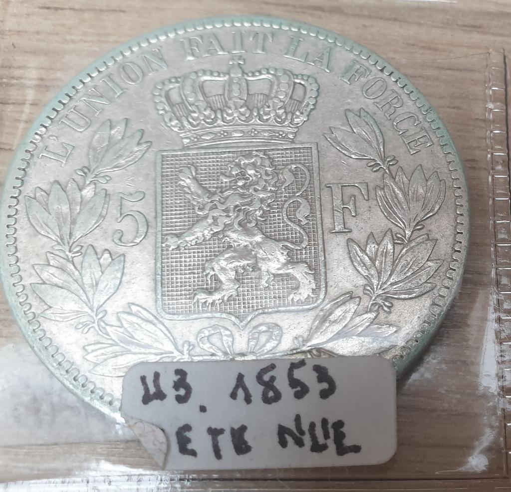 5 francs belge - Léopold Ier tête nue 1853, Ophalen of Verzenden, Zilver