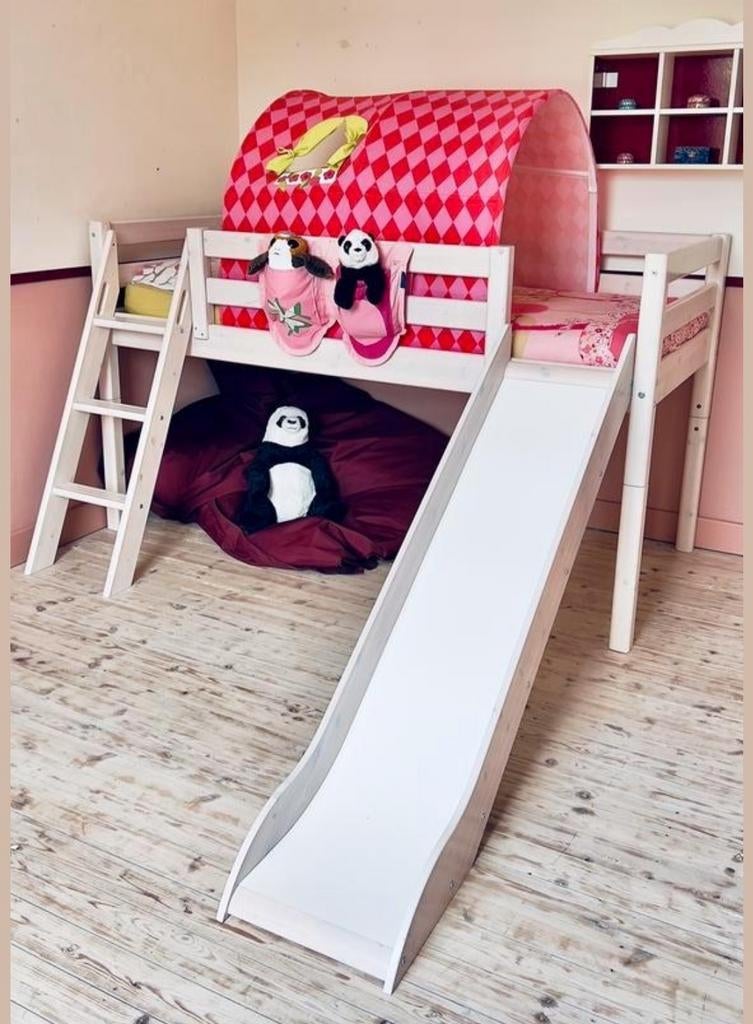 Lit mi-hauteur FLEXA CLASSIC blanchi & toboggan, Enlèvement ou Envoi, Utilisé, Lit mi-hauteur mezzanine