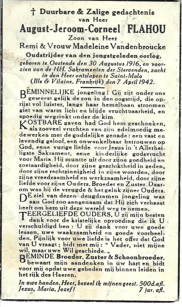 RP August-Jeroom Flahou overleden Saint-Malo 07/04/1942, Verzamelen, Ophalen of Verzenden