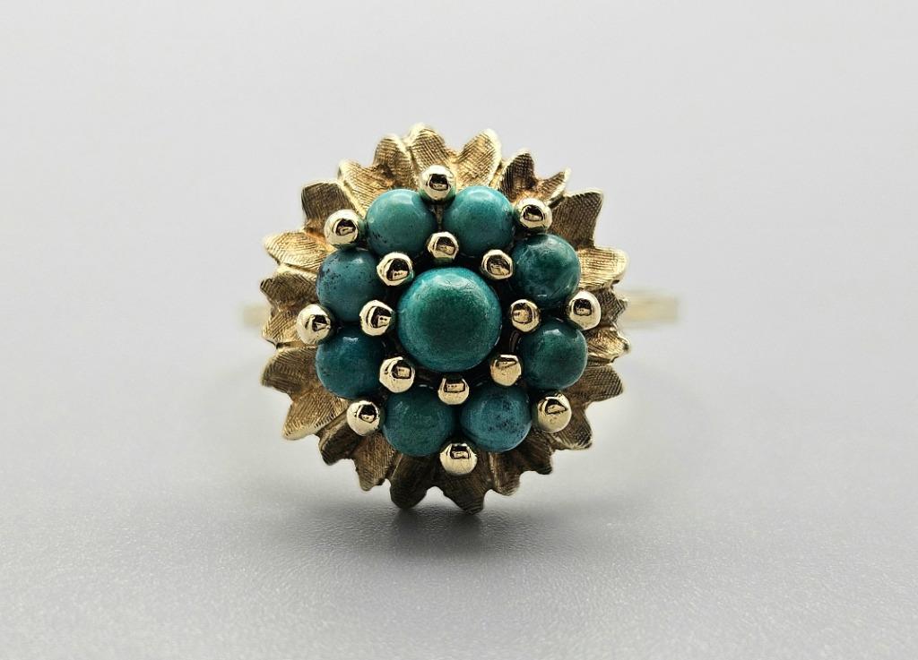 Bague vintage en or avec pierre précieuse turquoise. 2024/82, Enlèvement ou Envoi, Or, Bague, Avec pierre précieuse