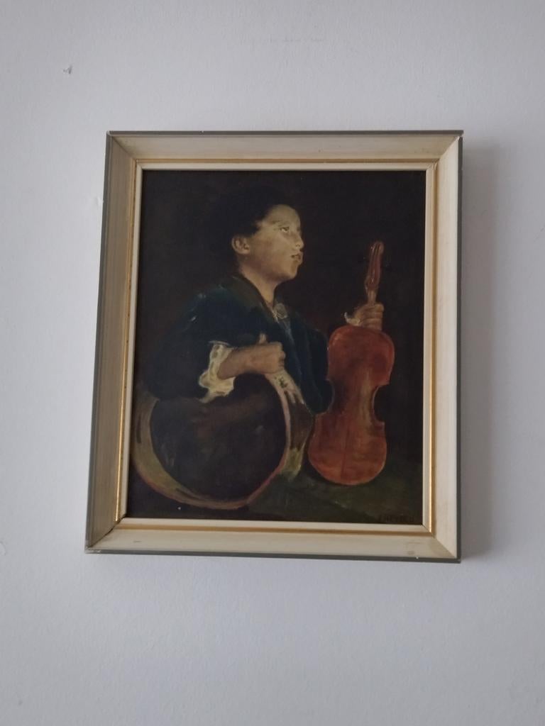 Vintage schilderij - „The Little Musician” gesigneerd F. Hey, Antiek en Kunst, Kunst | Schilderijen | Klassiek, Ophalen of Verzenden
