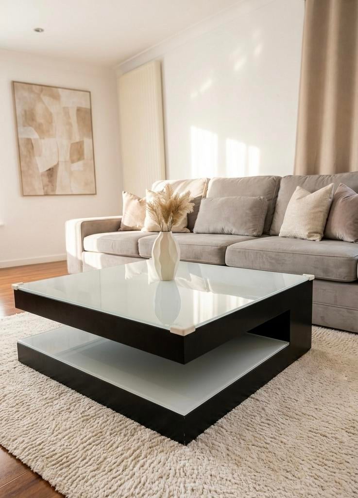 Prachtige Moderne Design Salontafel – Hoogglans & Glas, Ophalen, Zo goed als nieuw, Glas