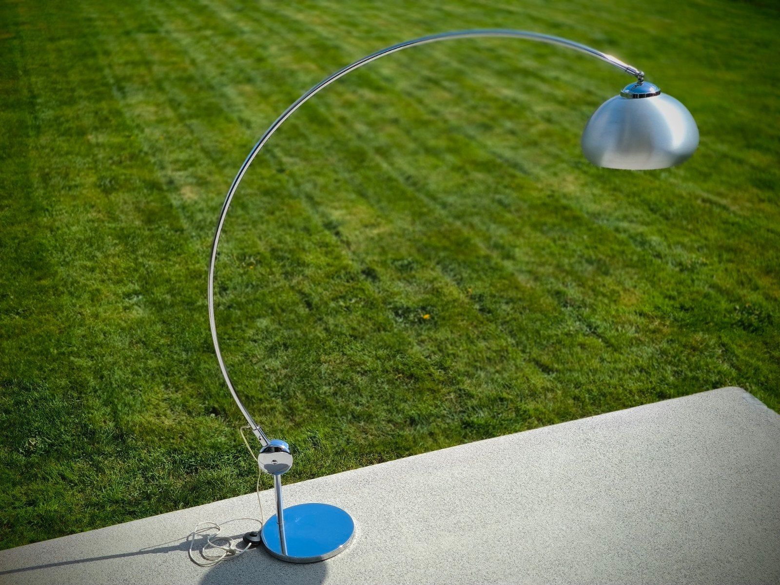Arc vloerlamp op chromen standaard met geborsteld metalen k, Ophalen, Gebruikt, Vintage, E27 (groot)