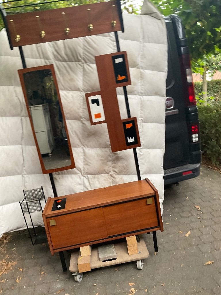 Vintage halmeubel met opbergkastje spiegel en paraplu houder, Ophalen