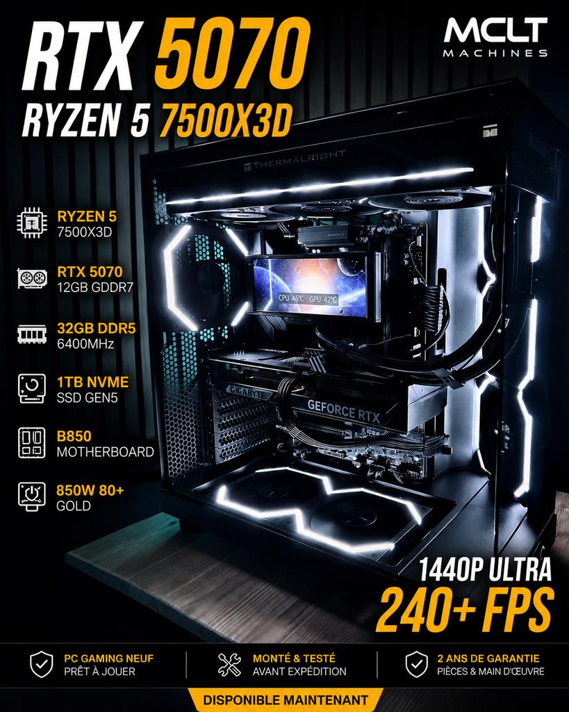 PC Gaming Haut de Gamme – RTX 5070 / Ryzen X3D – Neuf, Computers en Software, Desktop Pc's, Nieuw, 4 Ghz of meer, SSD, 32 GB, Met videokaart
