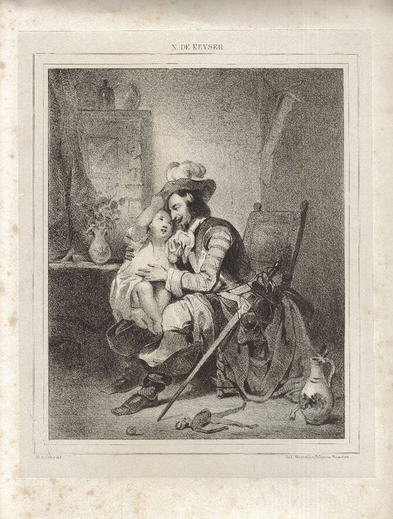 Nicaise de Keyser litho "Vader met Kind", Enlèvement, Portraits et figures, Lithographie