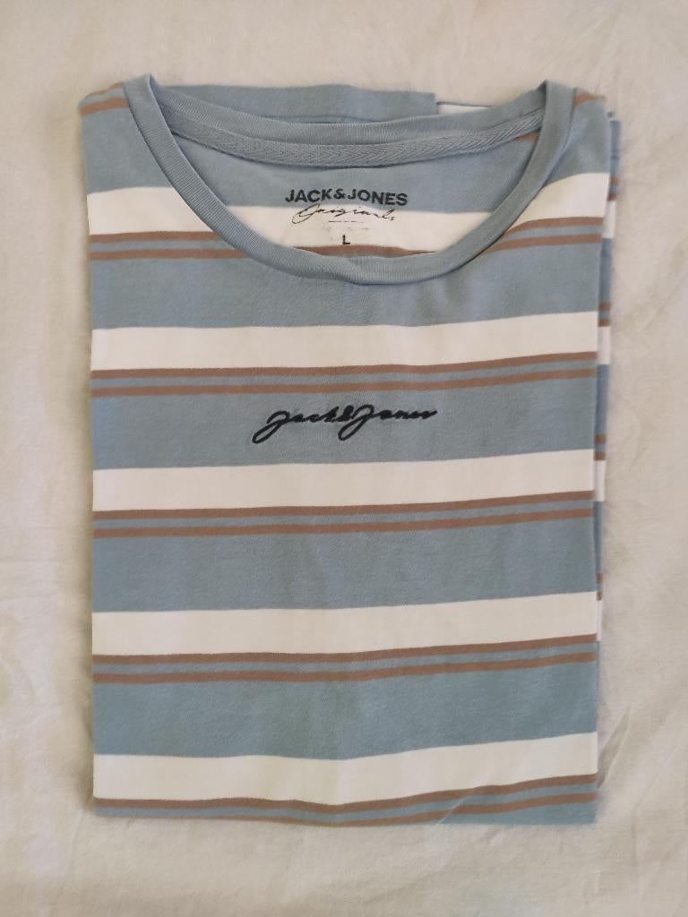 T shirt gestreept blauw wit beige, J&J, maat L, Kleding | Heren, T-shirts, Ophalen, Maat 52/54 (L), Blauw, Jack&Jones