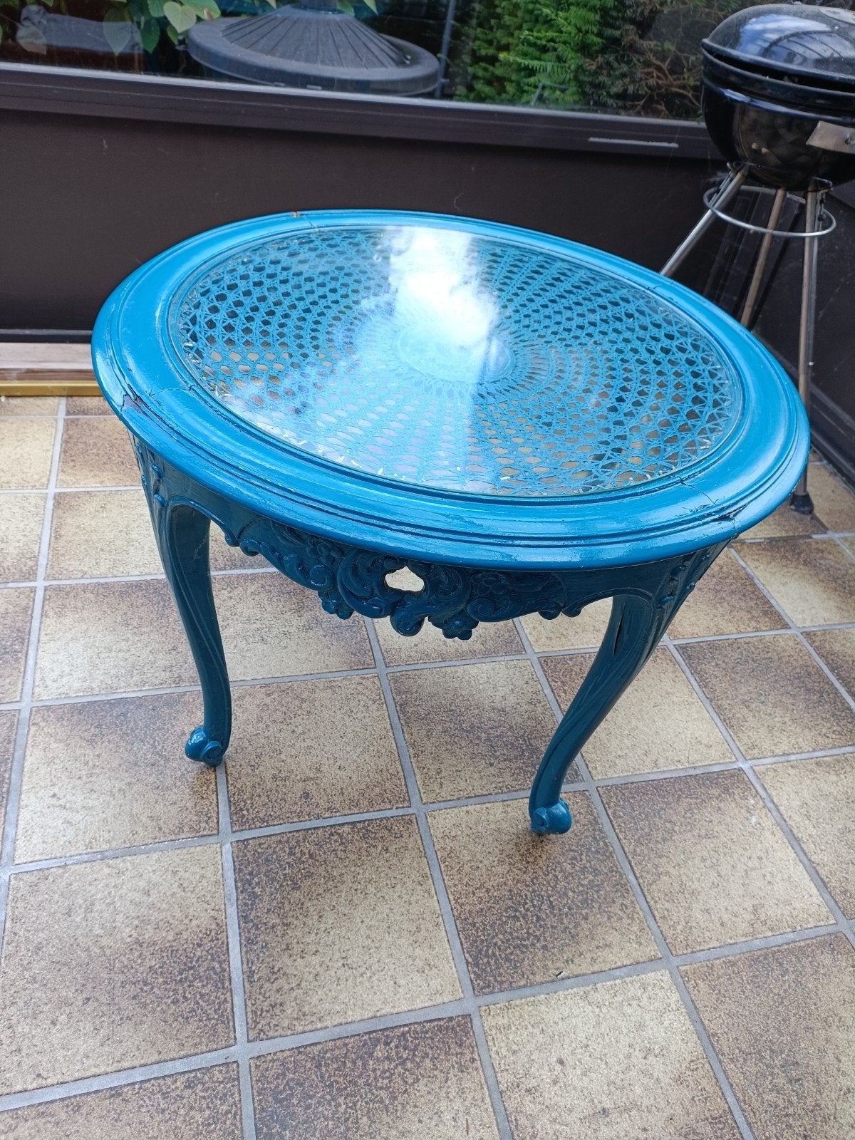 Bijzettafel retro blauwgroen iets met glas, Huis en Inrichting, Woonaccessoires | Spiegels, Gebruikt, Rond, Ophalen of Verzenden