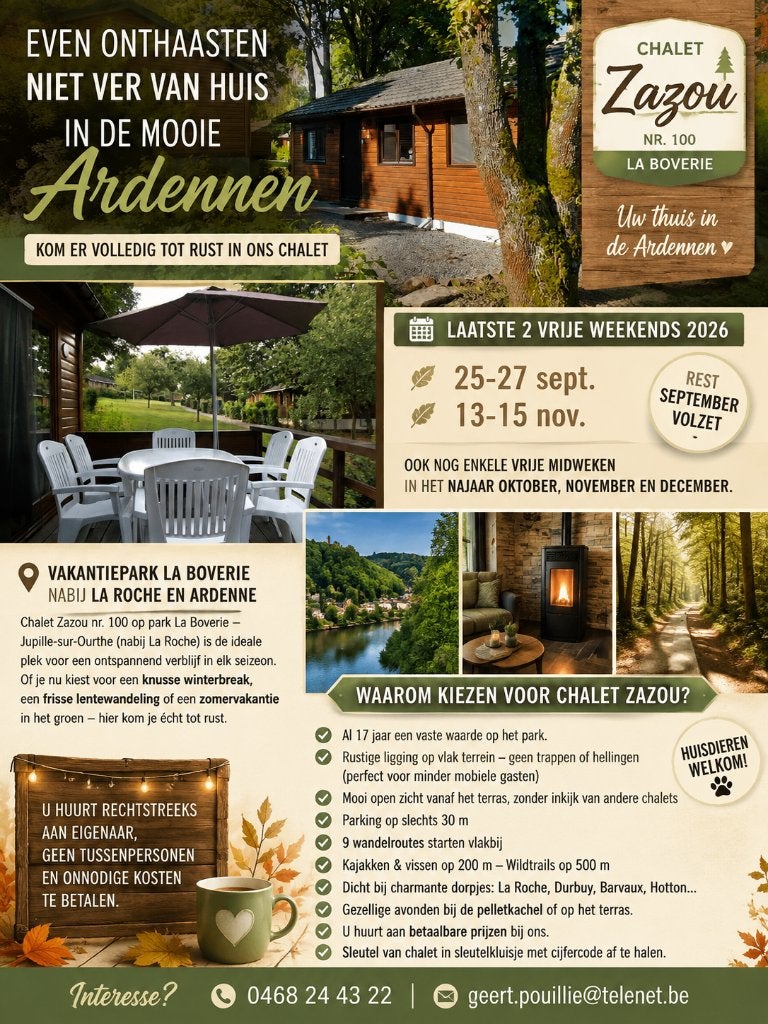 Knus chalet hartje Ardennen op vakantiepark La Boverie ., Immo, Overige soorten, Jupille sur ourthe, Direct bij eigenaar, 2 kamers