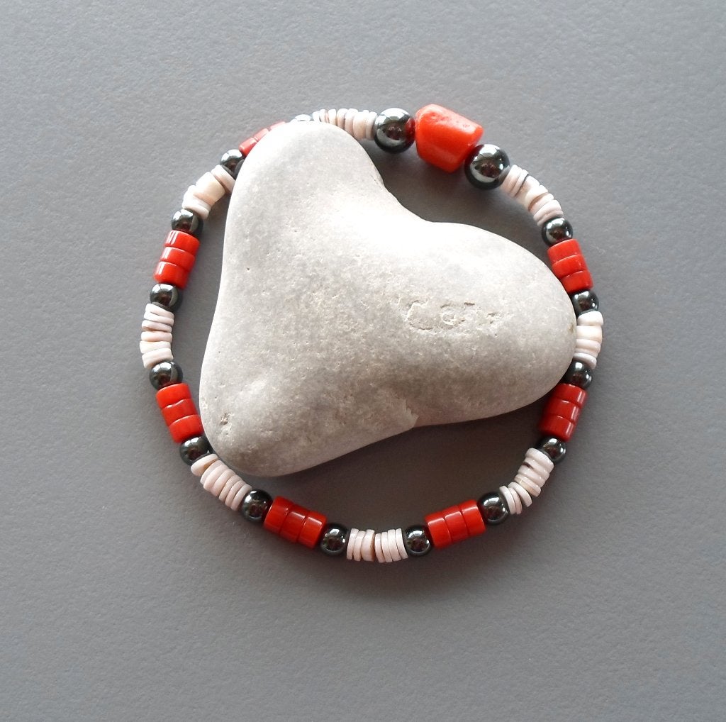 Indiaanse armband voor dames in oranje koraalringen, Handtassen en Accessoires, Armbanden, Nieuw, Elastiek, Oranje, Met bedels of kralen