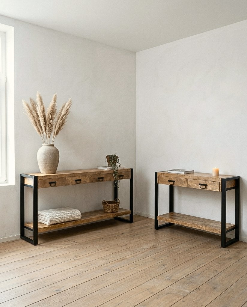 Sidetable mango hout + staal zwart — 3 maten — nieuw, Huis en Inrichting, Ophalen, 100 tot 150 cm, Nieuw, Overige houtsoorten