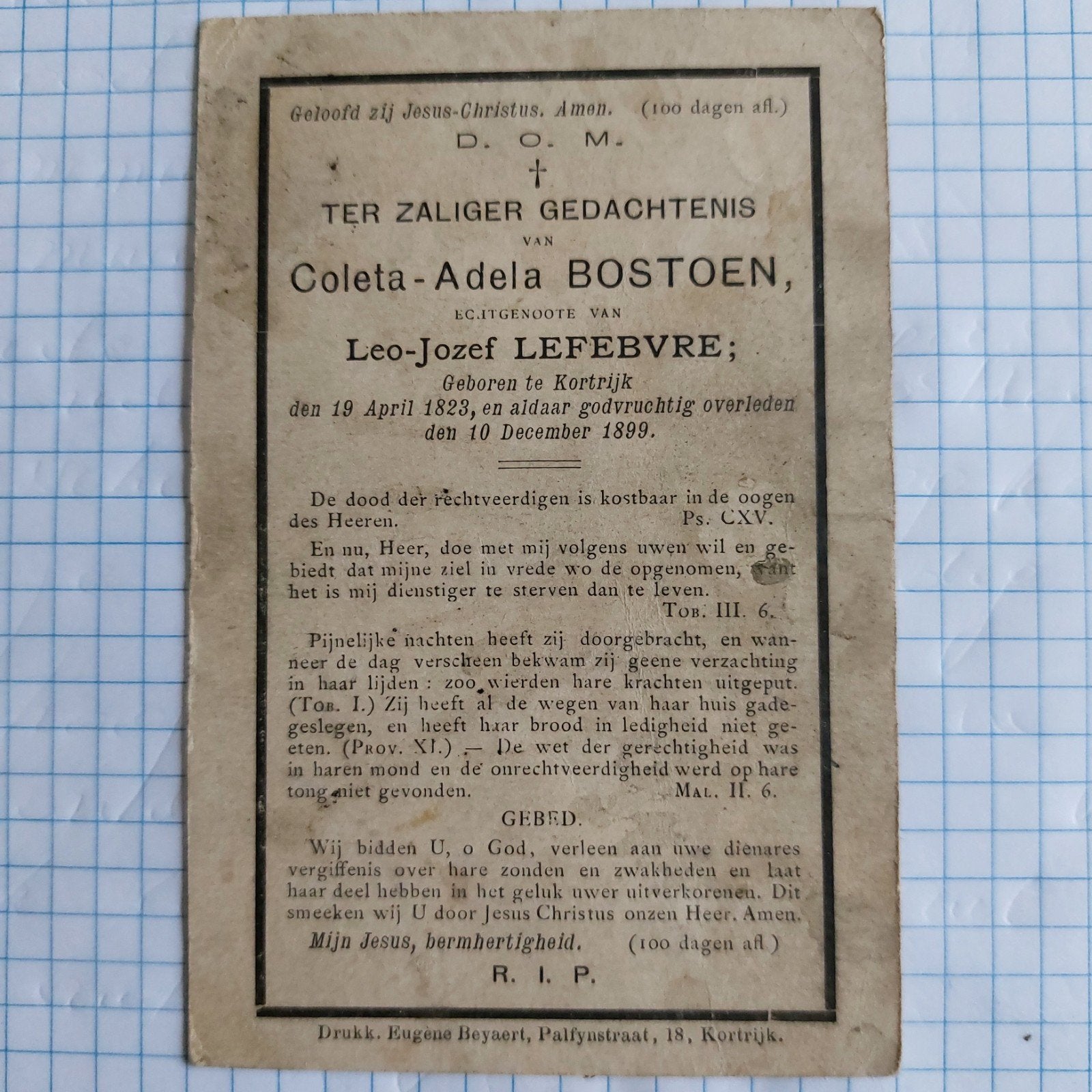 bidprentje. (Kortrijk) Coleta Bostoen 1823-1899, Ophalen of Verzenden, Bidprentje