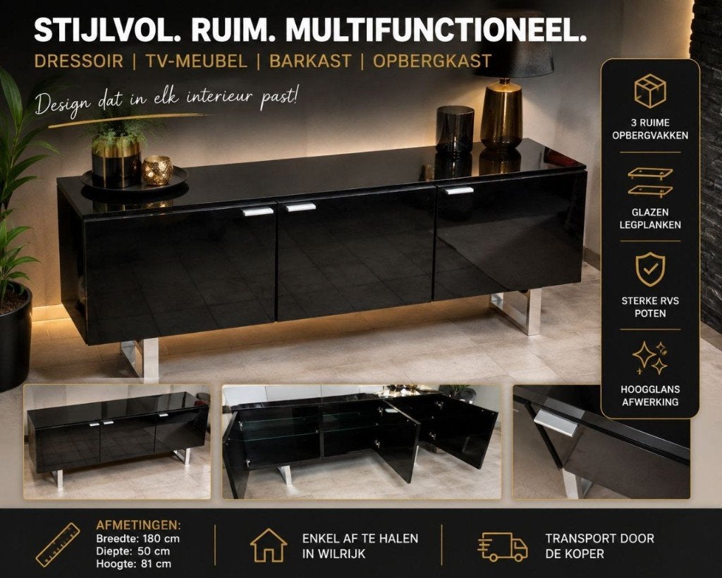 Hoogglans zwart dressoir / TV-meubel / Barkast – 180 cm, Huis en Inrichting, Kasten | Dressoirs, Ophalen, Met deur(en), Glas, 150 tot 200 cm