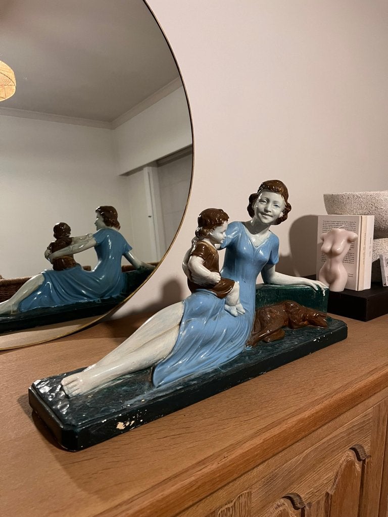 Art-Deco polychroom gipsen beeld Vrouw met kind - Arnova 293, Art deco, Gips, Ophalen of Verzenden, Beeld