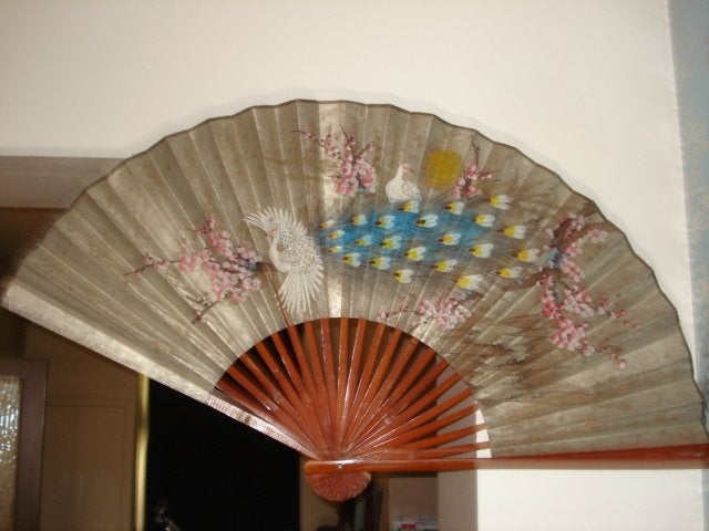 Grote, oosterse, decoratieve, houten waaier, Oosters, Zilver, Verzenden, Hout