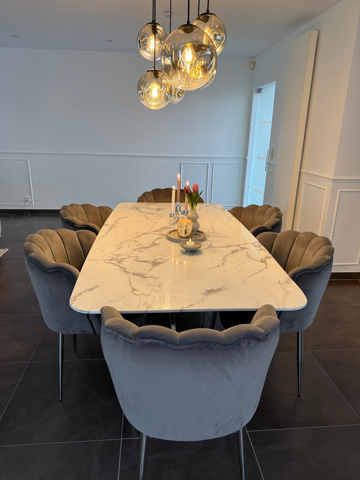 Eettafel in marmerlook met 6 stoelen, Huis en Inrichting, Ophalen, Gebruikt, 100 tot 150 cm, Vijf personen of meer