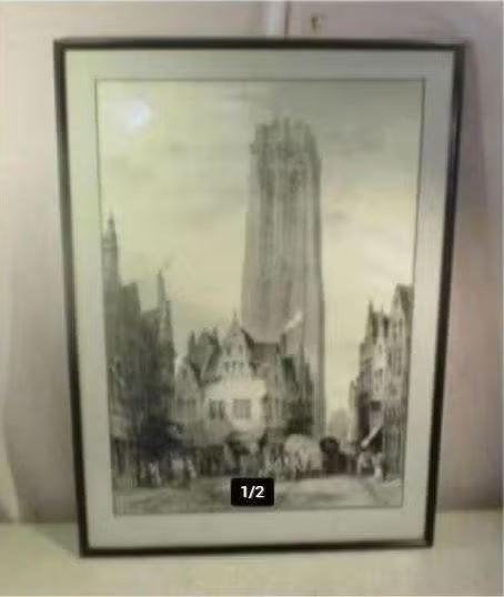 Belle gravure ancienne « Ville et cathédrale » - 72x52, Enlèvement ou Envoi, Vue urbaine, Gravure, Encadré