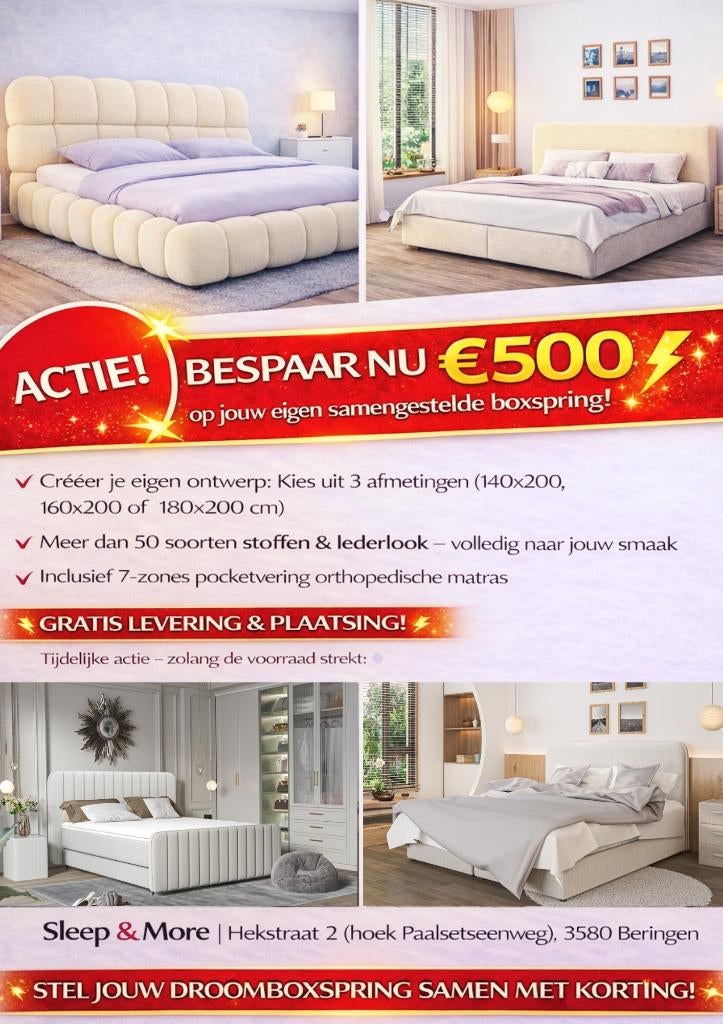 ACTIE OP AL ONZE BOXSPRINGS – BESPAAR €500!, Ophalen of Verzenden, Nieuw