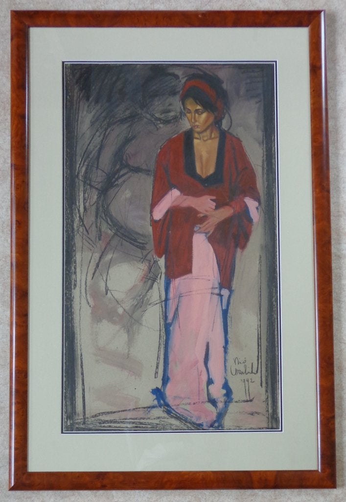 NICO VRIELINK / VROUW MET KIMONO / OLIEVERF KARTON 129x86cm, Antiek en Kunst, Kunst | Schilderijen | Modern, Ophalen, Glas, Gesigneerd