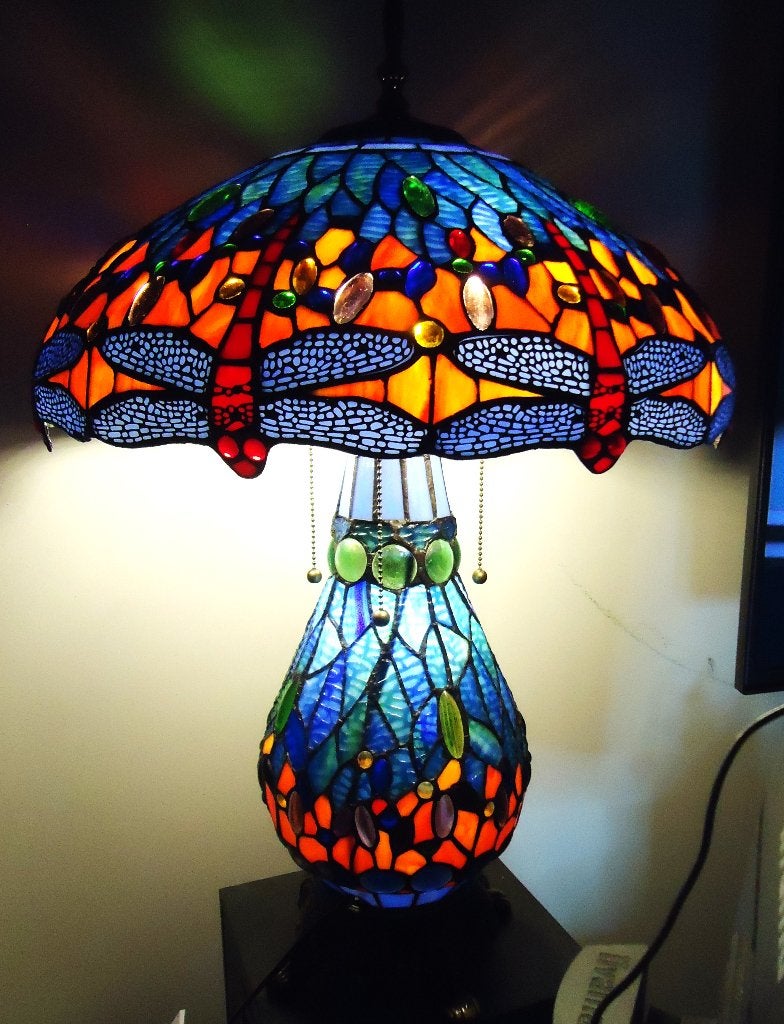 Tiffany Libellule Lampe 4 points lumineux 70x50✨💎😍💑🎁👌, Maison & Meubles, Lampes | Lampes de table, Enlèvement ou Envoi, Verre