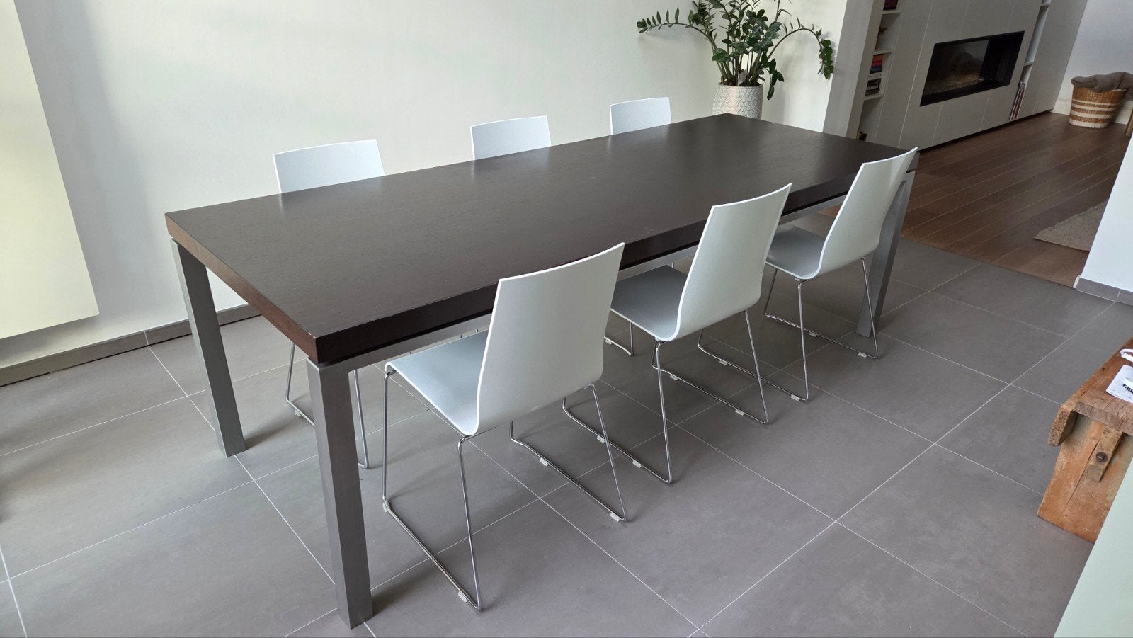 Eetkamertafel met inox onderstel en wenge blad, Huis en Inrichting, Tafels | Eettafels, Ophalen, Gebruikt, 200 cm of meer, 50 tot 100 cm
