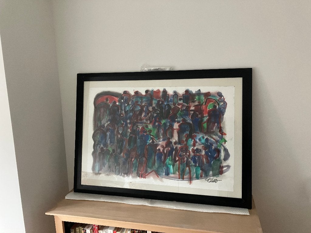 Une aquarelle de Taha Sabie dans le style ' My People ', Figures, Sous verre, Enlèvement, Papier/carton