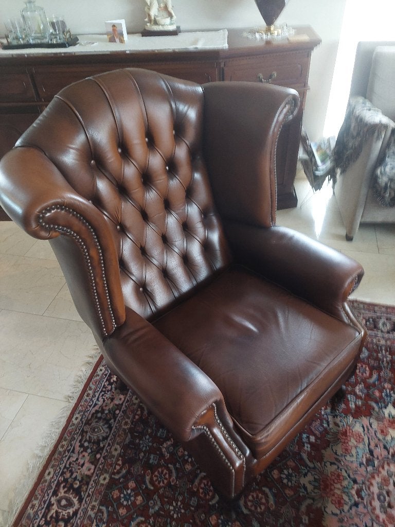 Bruin lederen wingback-of oorzetel, Maison & Meubles, Comme neuf, Brun, Enlèvement, Engelse wingback