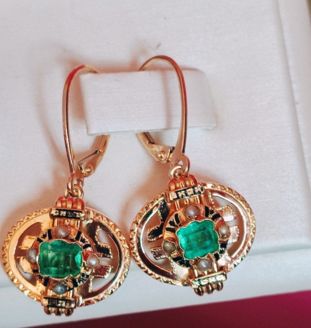 Exclusieve gouden oorhangers met smaragden, zaadparels, Bijoux, Sacs & Beauté, Boucles d'oreilles, Enlèvement ou Envoi, Or, Or