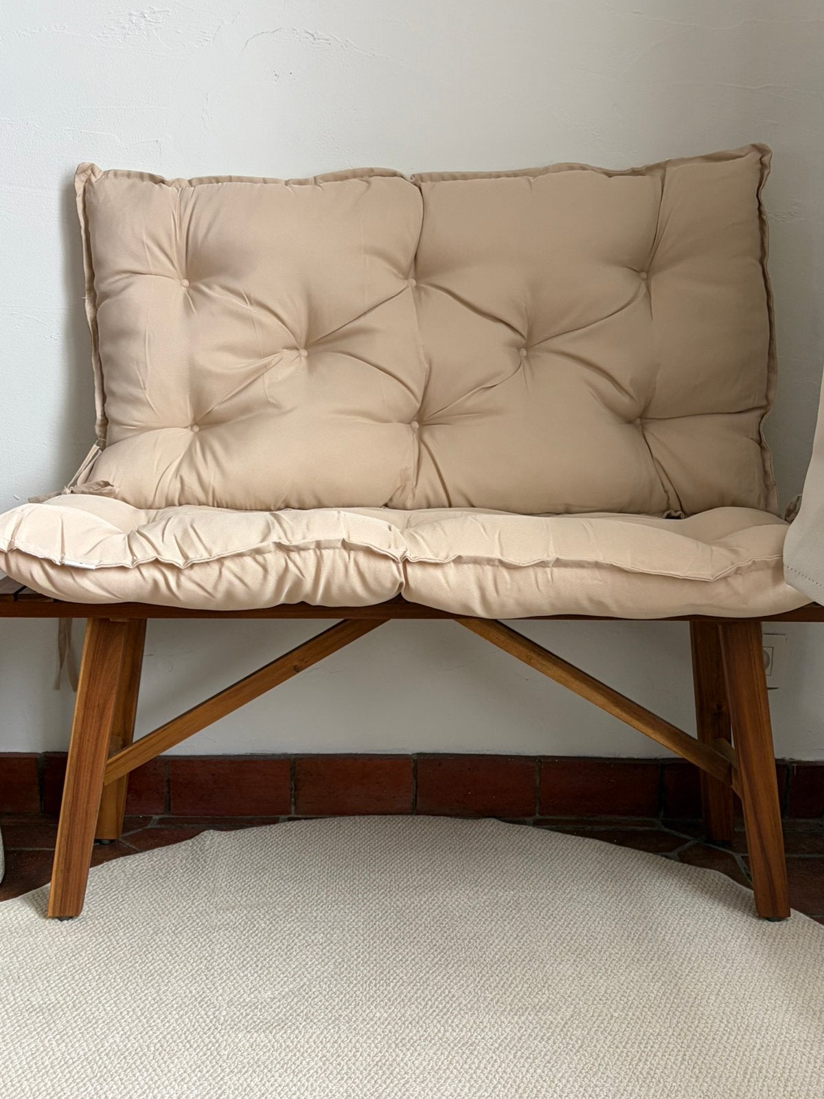 Houten bankje met 2 kussens te koop, Tuin en Terras, Ophalen, Zo goed als nieuw