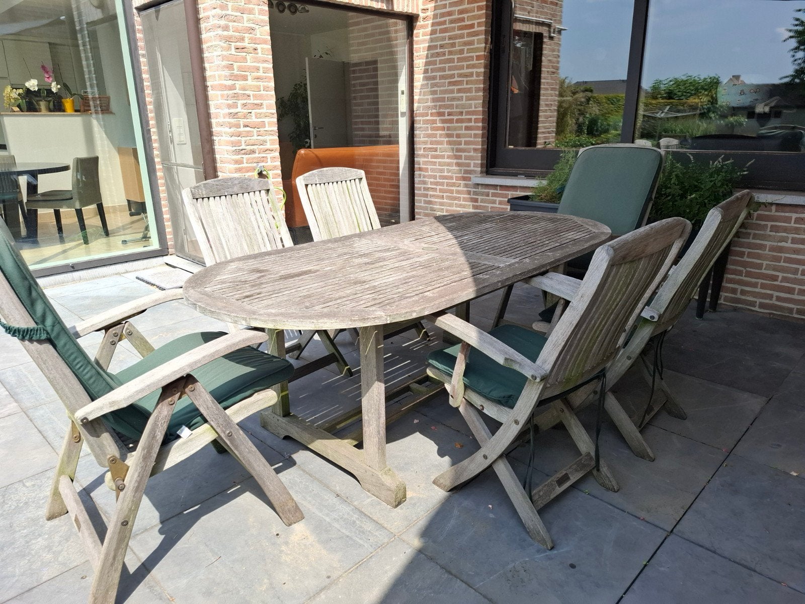 Jati & Kebon teak tuintafel met 6 verstelbare stoelen, Ophalen, Gebruikt, 6 zitplaatsen, Tuinset
