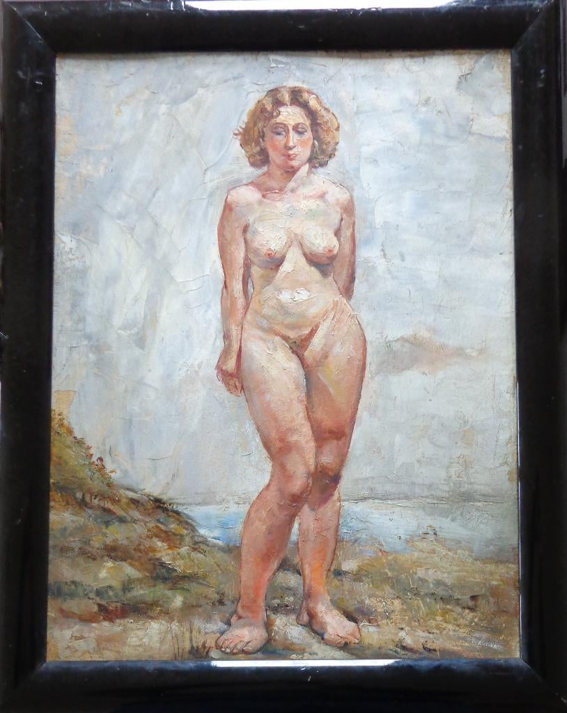 ONBEKEND / STAANDE NAAKTE VROUW / OLIEVERF / 58x46cm / KADER, Enlèvement ou Envoi
