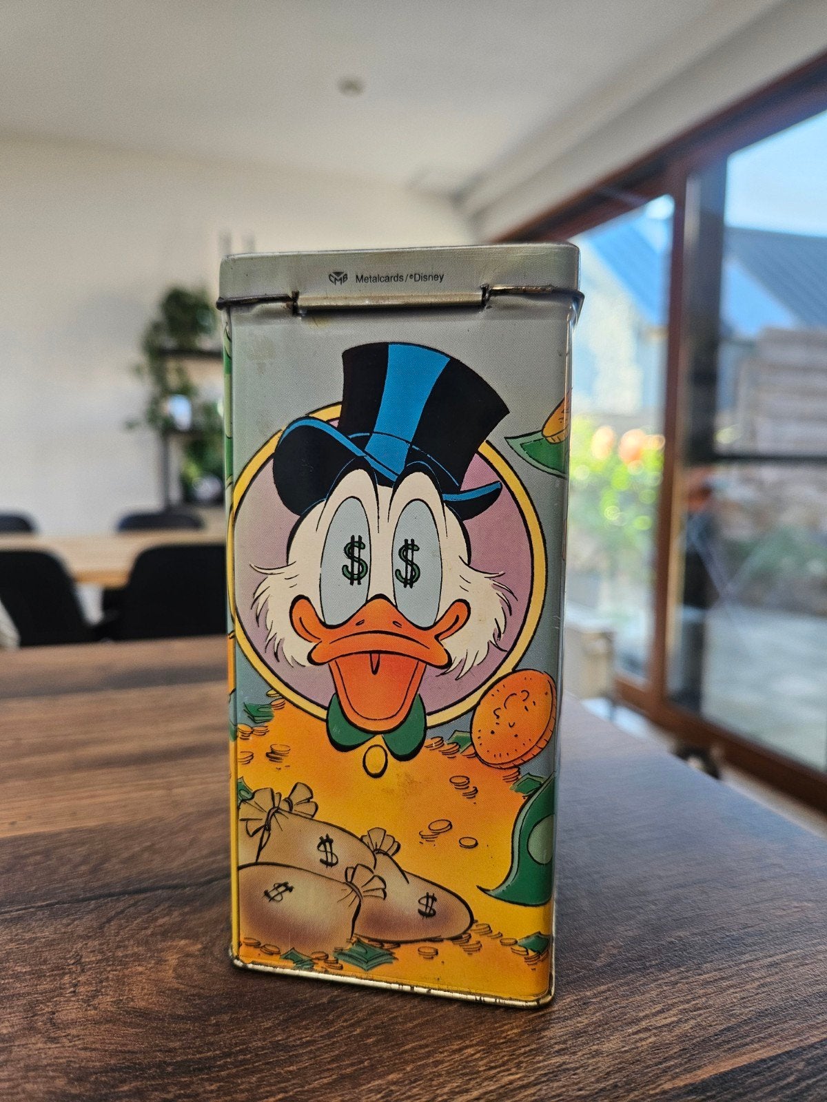 Tirelire vintage Dagobert Duck en étain avec cartes en métal, Collections, Enlèvement, Utilisé, Autres marques