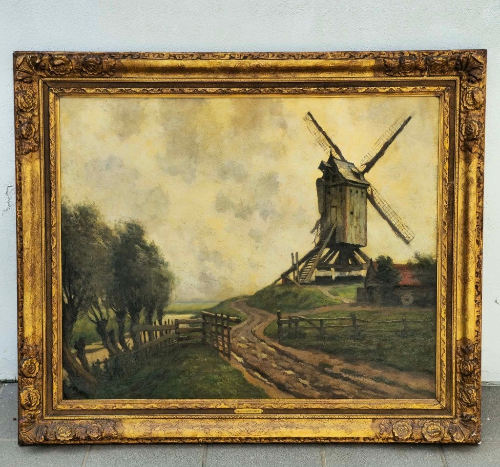 Huile sur toile Victor Gilsoul, Moulin à vent de Waasmunster, Encadré, Peinture à l'huile, Paysage, Enlèvement