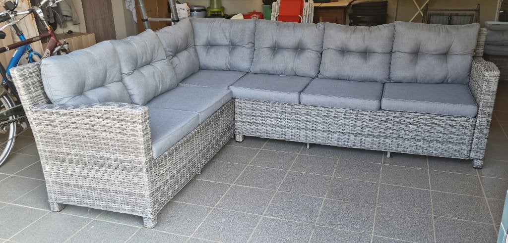 Grijze wicker hoeklounge, Tuin en Terras, Tuinsets en Loungesets, Zo goed als nieuw, Loungeset, Wicker, 5 zitplaatsen, Bank, Ophalen