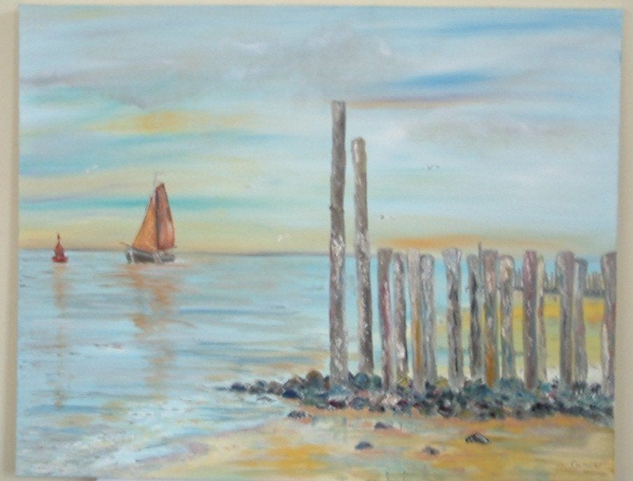 Strand  100 x 80 cm  olie verf op doek, Antiek en Kunst, Maritiem / water, Doek, Ophalen of Verzenden, Olieverf