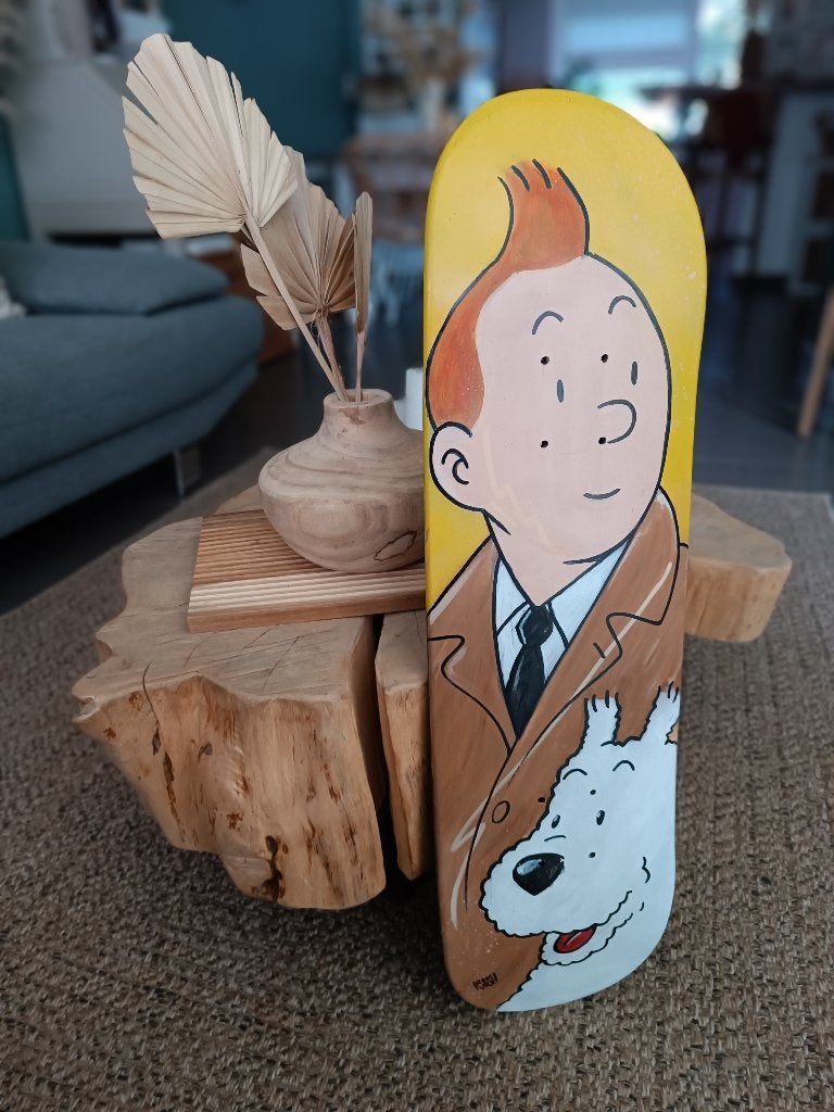Tintin popArt custom skate, Antiquités & Art, Bois, Enlèvement ou Envoi, Laqué/vernis, Technique mixte