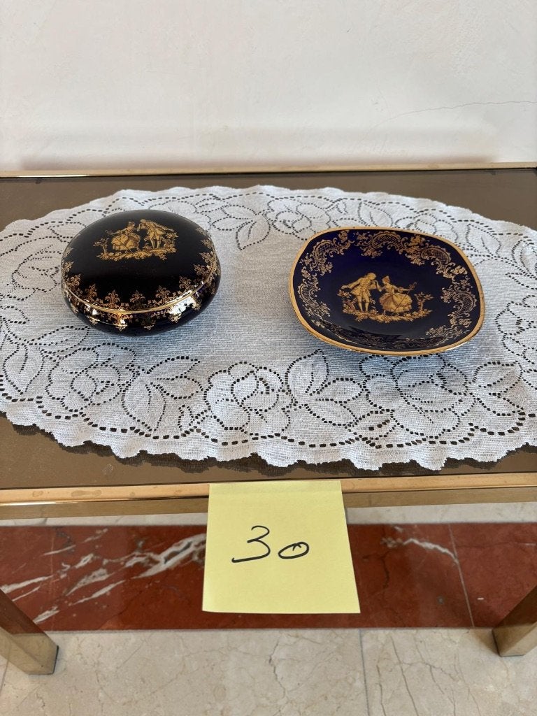 Boîte décorative et plat en porcelaine bleu cobalt, Antiquités & Art, Enlèvement