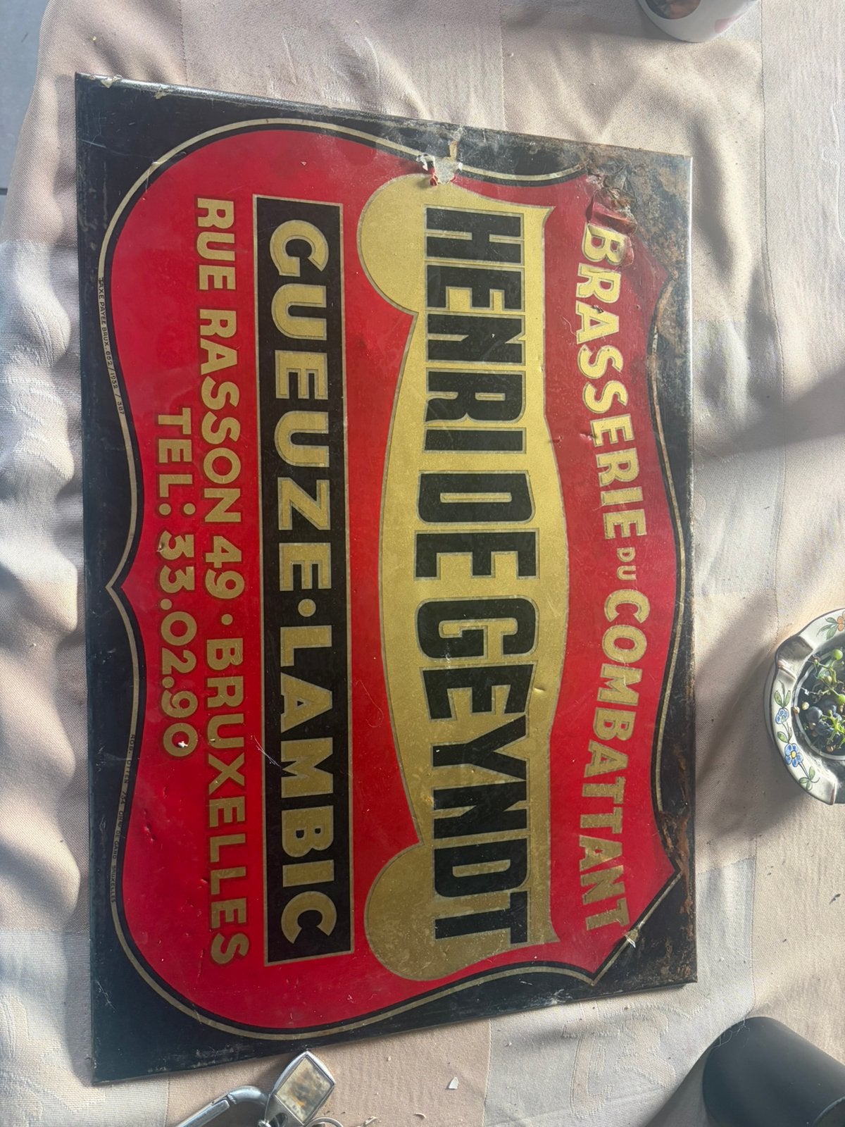 Oude reclame brasserie du combattant gueuze 1932, Verzamelen, Ophalen, Gebruikt, Reclamebord