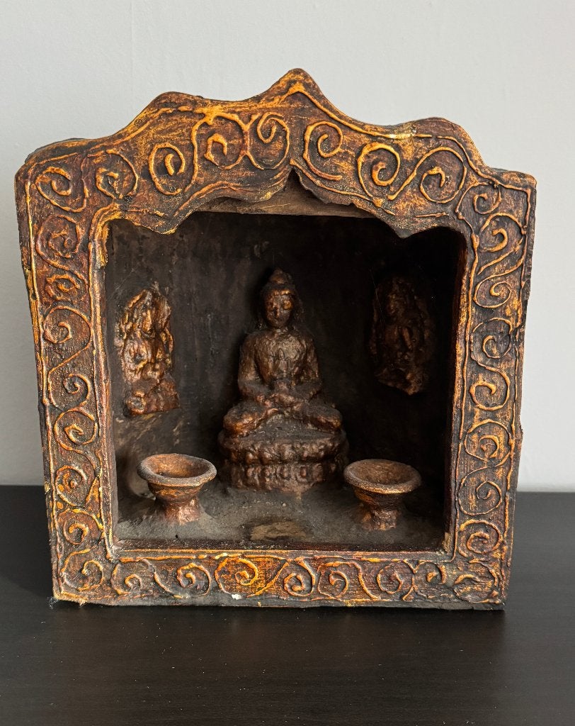 Ancien Autel ou Temple Bouddha en Bois & Argile du Népal, Antiquités & Art, Enlèvement ou Envoi, Bois, Objet rituel, 26 cm