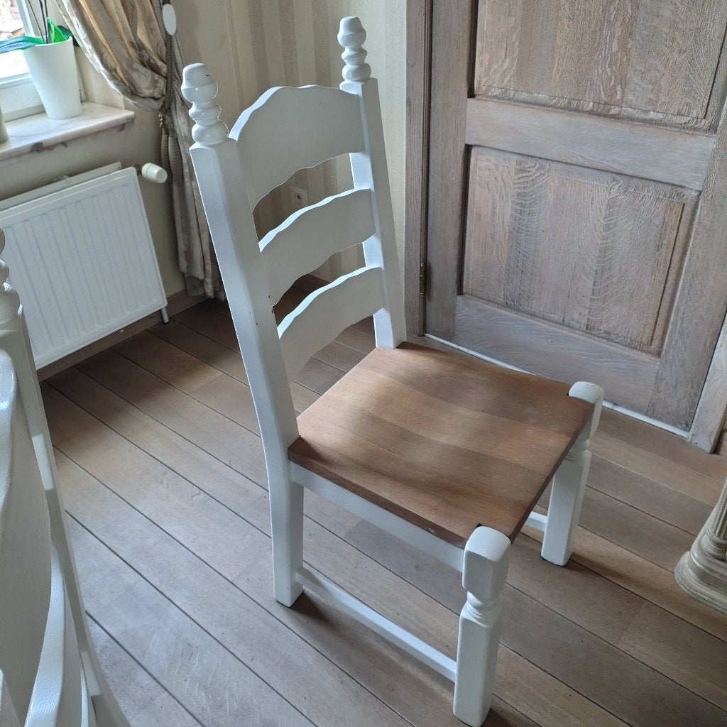 6 massief houten eetkamerstoelen – landelijk, Ophalen, Gebruikt, Wit, Landelijk