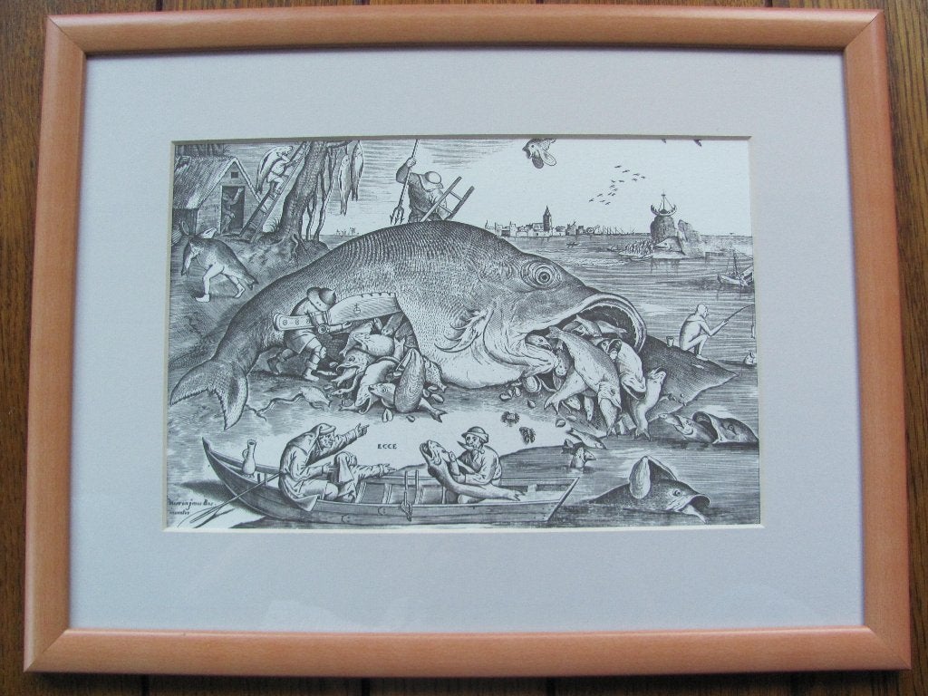 Prent van Pieter Bruegel de Oude De grote vissen, Dagelijks leven, Ingelijst, 30 cm, 1950 - 1999