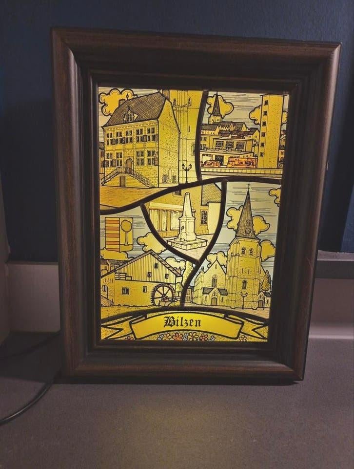 glas in lood- lichtbak- stad" BILZEN"- gesigneerd, Antiek en Kunst, Ophalen of Verzenden
