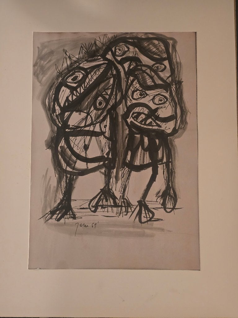 Oost-Indische inkttekening op papier door Jorn À. #COBRA, Ophalen of Verzenden, Tekening, Pentekening, Ingelijst